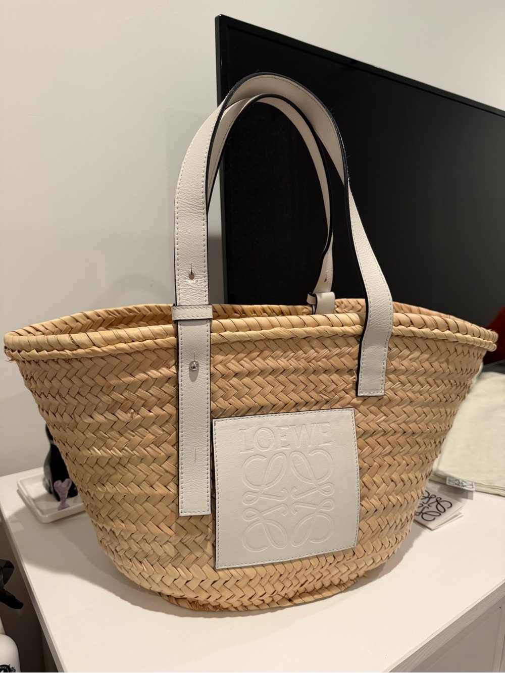 Loewe Natural Straw Tote with White Leather Trim